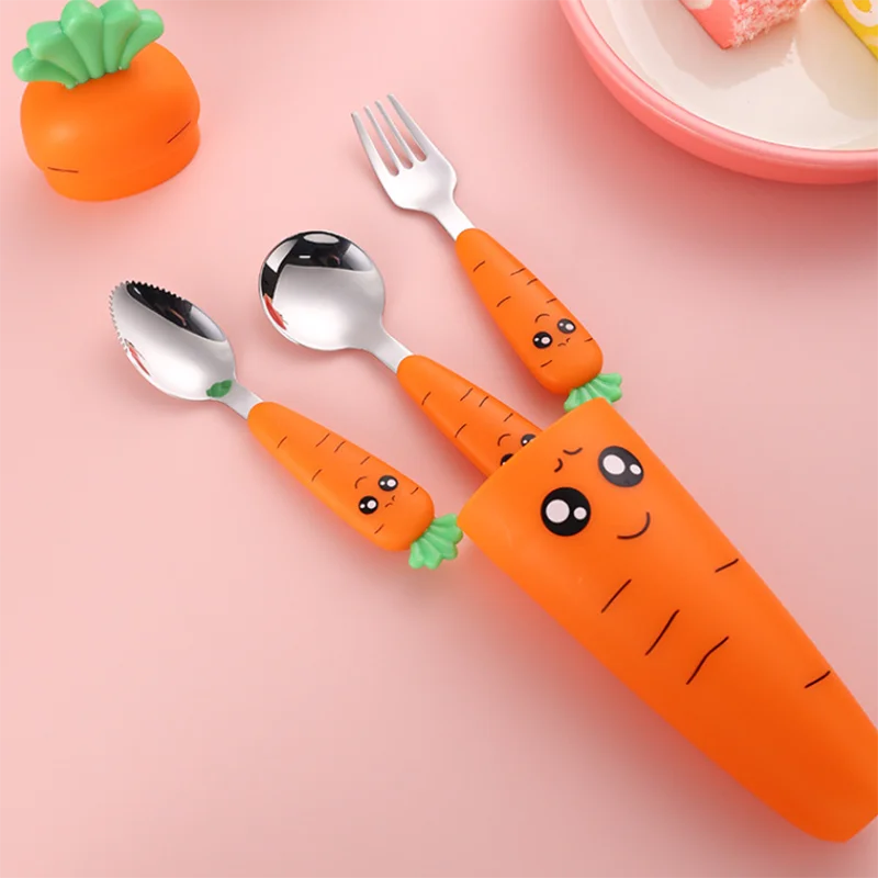 4PCS Baby Feeding Utensils Cartoon Carrot Fork Spoon