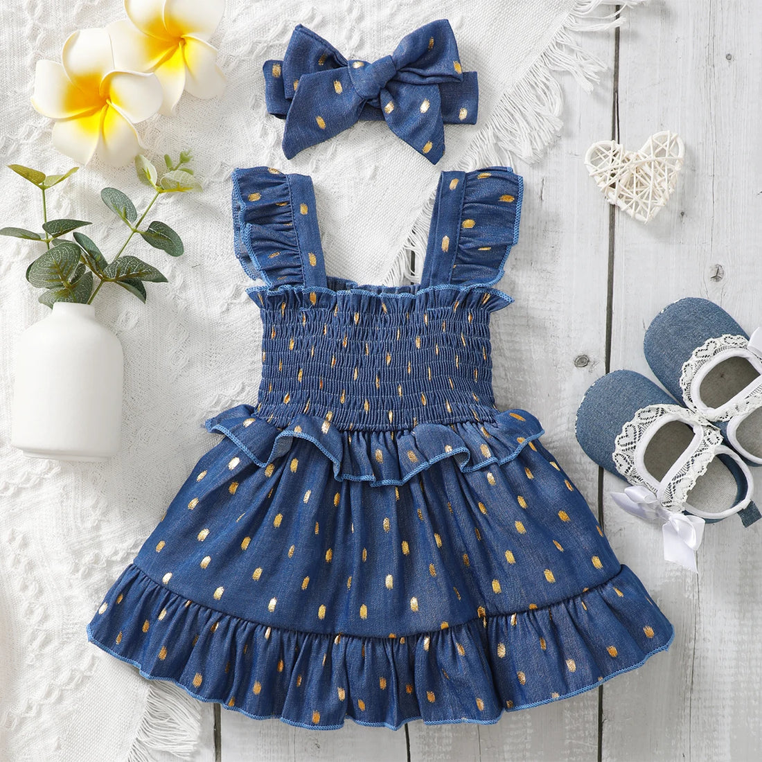 3-24Months Infant Baby Girl Golden Dot Slip Blue Dress