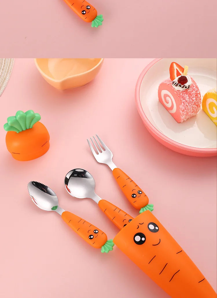 4PCS Baby Feeding Utensils Cartoon Carrot Fork Spoon