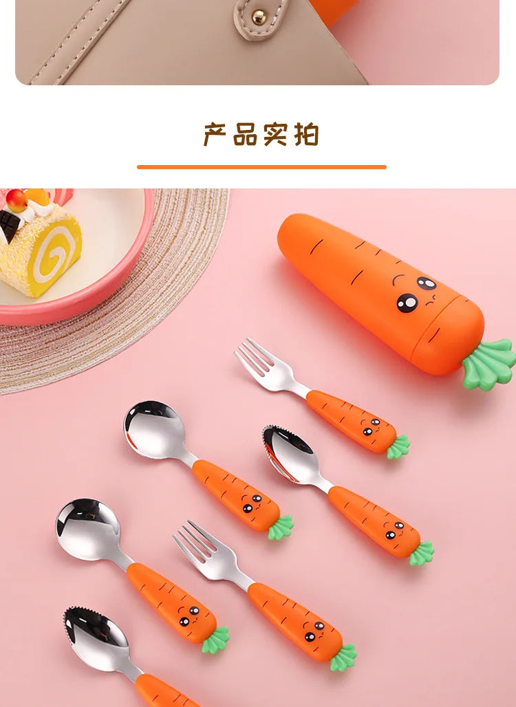 4PCS Baby Feeding Utensils Cartoon Carrot Fork Spoon